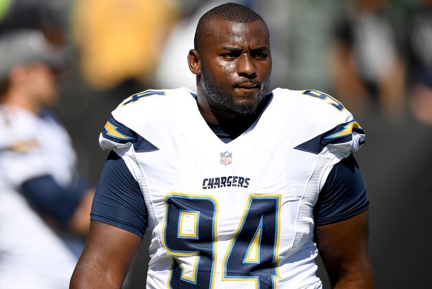 OAKLAND, CA - OCTOBER 09: Corey Liuget #94 of the San Diego Chargers looks on during pregame warm ups prior to playing the Oakland Raiders in an NFL football game at Oakland-Alameda County Coliseum on October 9, 2016 in Oakland, California. (Photo by Thearon W. Henderson/Getty Images) OAKLAND, CA - OCTOBER 09: Corey Liuget #94 of the San Diego Chargers looks on during pregame warm ups prior to playing the Oakland Raiders in an NFL football game at Oakland-Alameda County Coliseum on October 9, 2016 in Oakland, California. (Photo by Thearon W. Henderson/Getty Images)