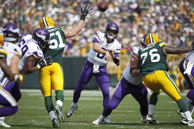 GREEN BAY, WI - SEPTEMBER 16: Kirk Cousins #8 of the Minnesota Vikings throws a pass during the game against the Green Bay Packers at Lambeau Field on September 16, 2018 in Green Bay, Wisconsin. The game ended in a 29-29 tie. (Photo by Joe Robbins/Getty Images)
