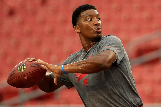 TAMPA, FL - AUGUST 24:  Jameis Winston #3 of the Tampa Bay Buccaneers warms up during a preseason game against the Detroit Lions at Raymond James Stadium on August 24, 2018 in Tampa, Florida.  (Photo by Mike Ehrmann/Getty Images)