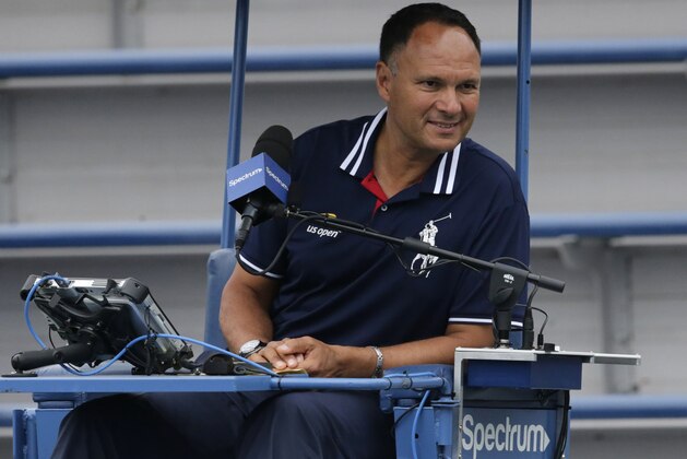 Chair umpire Mohamed Lahyani watches over a doubles match at the 2018 US Open August 31, 2018 in New York. - US Open organisers say umpire Mohamed Lahyani went 'beyond protocol' in his on-court pep-talk with Nick Kyrgios. (Photo by Kena Betancur / AFP)        (Photo credit should read KENA BETANCUR/AFP/Getty Images)