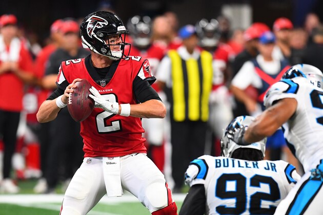 ATLANTA, GA - SEPTEMBER 16: Matt Ryan #2 of the Atlanta Falcons drops back to pass during the second half against the Carolina Panthers at Mercedes-Benz Stadium on September 16, 2018 in Atlanta, Georgia. (Photo by Scott Cunningham/Getty Images)