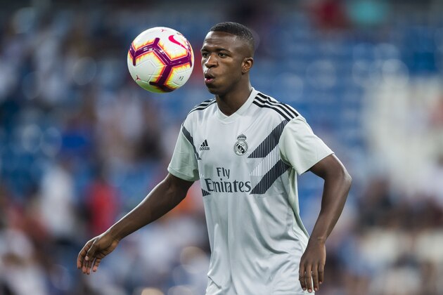 MADRID, SPAIN: AUGUST 19: Vinicius Junior of Real Madrid warms up prior to the La Liga match between Real Madrid CF and Getafe CF at Estadio Santiago Bernabeu on August 19 2018 in Madrid, Spain. (Photo by Diego Souto/Power Sport Images/Getty Images)