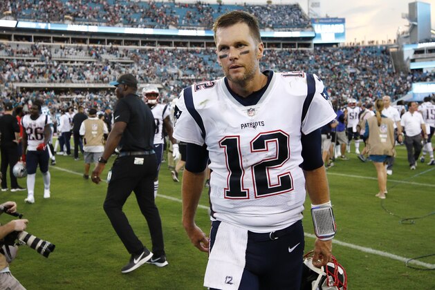 New England Patriots quarterback Tom Brady leaves the field after losing to the Jacksonville Jaguars in an NFL football game, Sunday, Sept. 16, 2018, in Jacksonville, Fla. The Jaguars won 31-20. (AP Photo/Stephen B. Morton)