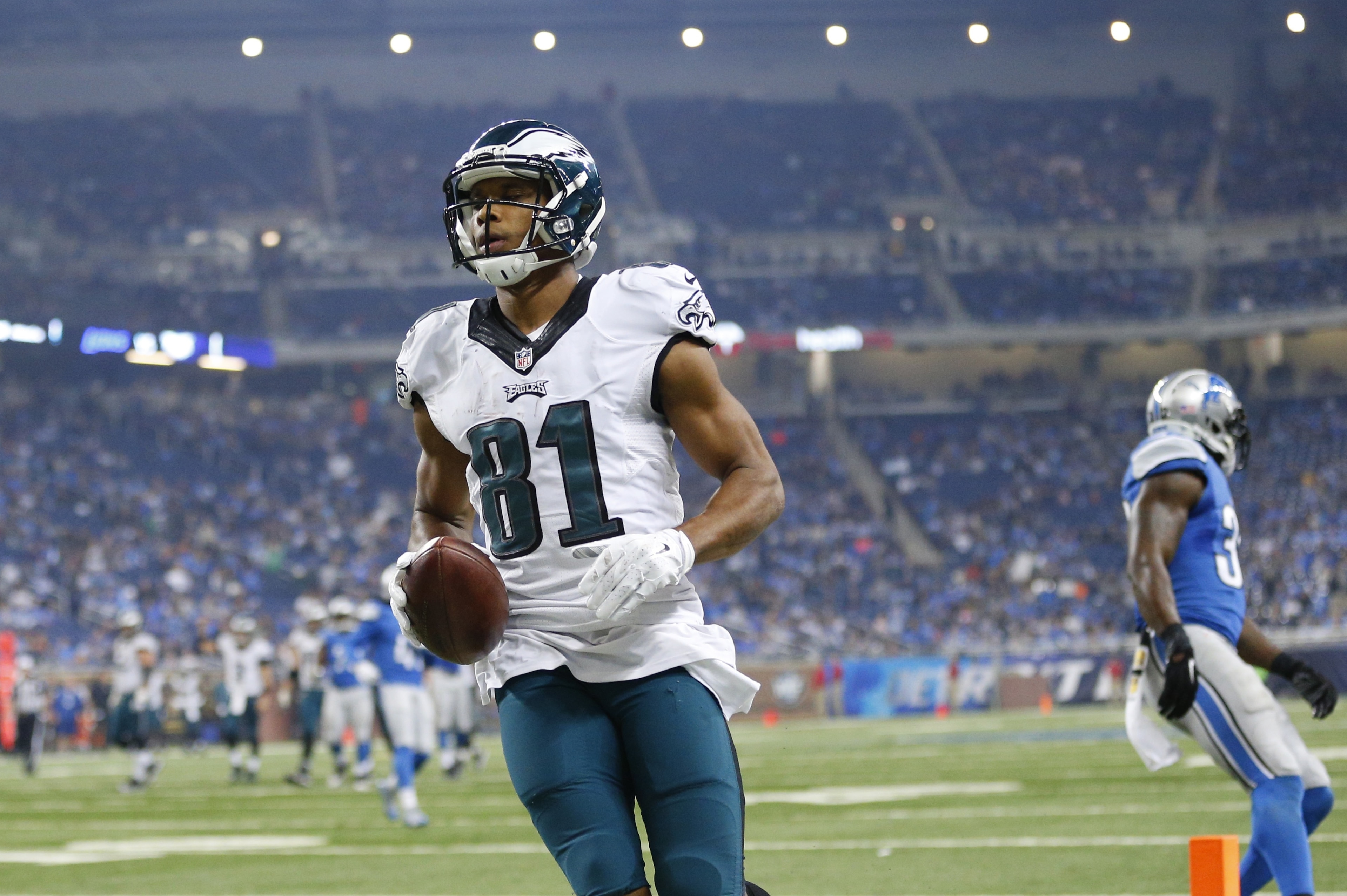 Philadelphia Eagles wide receiver Jordan Matthews (81) runs into the end zone for a touchdown during the second half of an NFL football game against the Detroit Lions, Thursday, Nov. 26, 2015, in Detroit. (AP Photo/Rick Osentoski)
