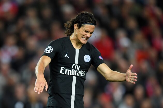 LIVERPOOL, ENGLAND - SEPTEMBER 18:  Edinson Cavani of Paris Saint-Germain reacts during the Group C match of the UEFA Champions League between Liverpool and Paris Saint-Germain at Anfield on September 18, 2018 in Liverpool, United Kingdom.  (Photo by Michael Regan/Getty Images)