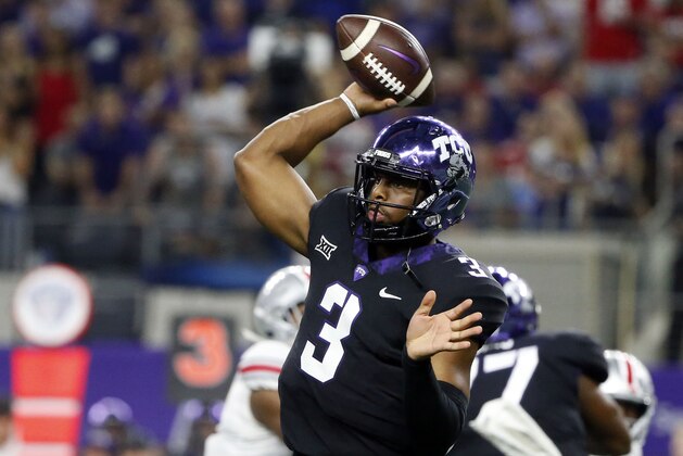 TCU quarterback Shawn Robinson (3) throws against Ohio State during the first half of an NCAA college football game in Arlington, Texas, Saturday, Sept. 15, 2018. (AP Photo/Michael Ainsworth)
