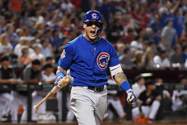 PHOENIX, AZ - SEPTEMBER 17:  Javier Baez #9 of the Chicago Cubs reacts after hitting a two run home run during the sixth inning against the Arizona Diamondbacks at Chase Field on September 17, 2018 in Phoenix, Arizona.  (Photo by Norm Hall/Getty Images)
