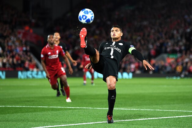 LIVERPOOL, ENGLAND - SEPTEMBER 18:  Thiago Silva of Paris Saint-Germain looks to control the ball during the Group C match of the UEFA Champions League between Liverpool and Paris Saint-Germain at Anfield on September 18, 2018 in Liverpool, United Kingdom.  (Photo by Michael Regan/Getty Images)