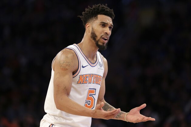 New York Knicks' Courtney Lee looks to the referee during the overtime of an NBA basketball game against the New Orleans Pelicans, Sunday, Jan. 14, 2018, in New York. (AP Photo/Seth Wenig)
