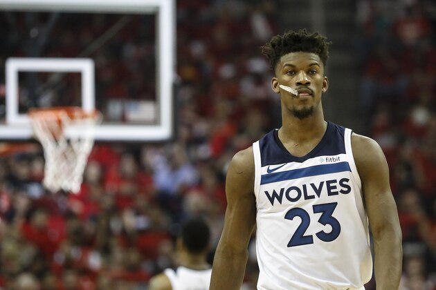 HOUSTON, TX - APRIL 25:  Jimmy Butler #23 of the Minnesota Timberwolves reacts in the first half during Game Five of the first round of the 2018 NBA Playoffs against the Houston Rockets at Toyota Center on April 25, 2018 in Houston, Texas.  NOTE TO USER: User expressly acknowledges and agrees that, by downloading and or using this photograph, User is consenting to the terms and conditions of the Getty Images License Agreement.  (Photo by Tim Warner/Getty Images)