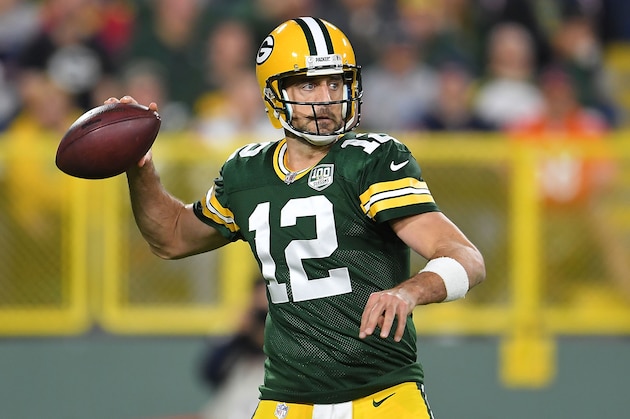 GREEN BAY, WI - SEPTEMBER 09:  Aaron Rodgers #12 of the Green Bay Packers drops back to pass during a game against the Chicago Bears at Lambeau Field on September 9, 2018 in Green Bay, Wisconsin.  (Photo by Stacy Revere/Getty Images)