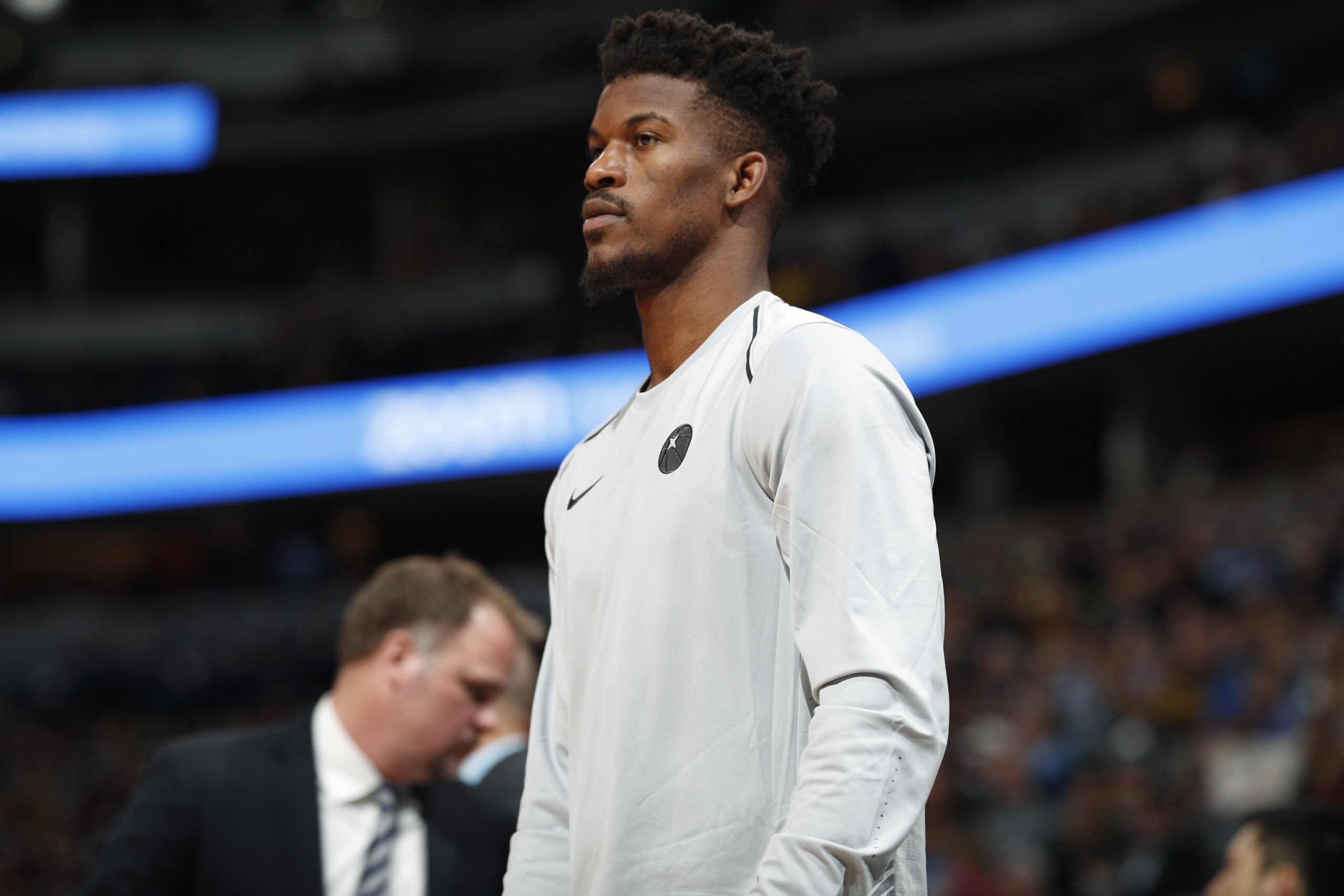Injured Minnesota Timberwolves guard Jimmy Butler watches during the first half of the team's NBA basketball game against the Denver Nuggets on Thursday, April 5, 2018, in Denver. (AP Photo/David Zalubowski) Injured Minnesota Timberwolves guard Jimmy Butler watches during the first half of the team's NBA basketball game against the Denver Nuggets on Thursday, April 5, 2018, in Denver. (AP Photo/David Zalubowski)