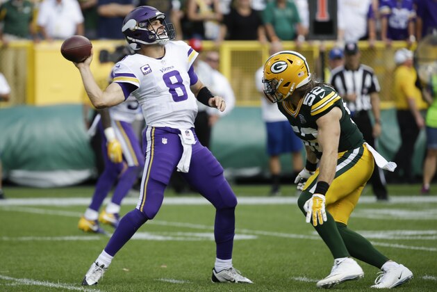 Green Bay Packers' Clay Matthews is called for a roughing the passer penalty during the second half of an NFL football game against the Minnesota Vikings Sunday, Sept. 16, 2018, in Green Bay, Wis. The game ended in a 29-29 tie. (AP Photo/Mike Roemer)