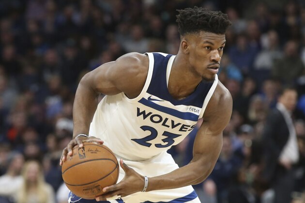 Minnesota Timberwolves' Jimmy Butler plays against the Los Angeles Lakers in the first half of an NBA basketball game Thursday, Feb. 15, 2018, in Minneapolis. (AP Photo/Jim Mone)