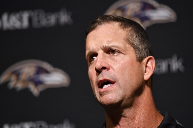 Baltimore Ravens head coach John Harbaugh speaks to the media after an NFL football game against the Cincinnati Bengals, Thursday, Sept. 13, 2018, in Cincinnati. (AP Photo/Bryan Woolston)