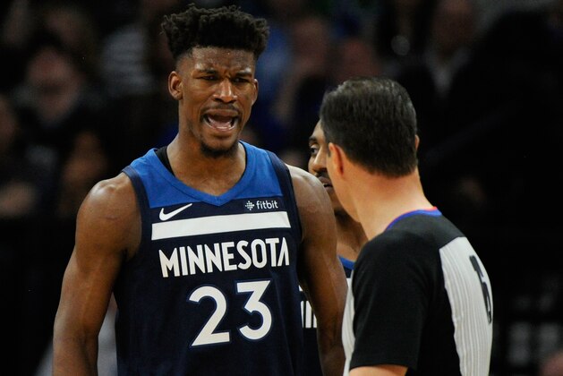 MINNEAPOLIS, MN - APRIL 23: Jimmy Butler #23 of the Minnesota Timberwolves reacts to being called for a foul against the Houston Rockets during the third quarter in Game Four of Round One of the 2018 NBA Playoffs on April 23, 2018 at the Target Center in Minneapolis, Minnesota. The Rockets defeated the Timberwolves 119-100. NOTE TO USER: User expressly acknowledges and agrees that, by downloading and or using this Photograph, user is consenting to the terms and conditions of the Getty Images License Agreement. (Photo by Hannah Foslien/Getty Images)