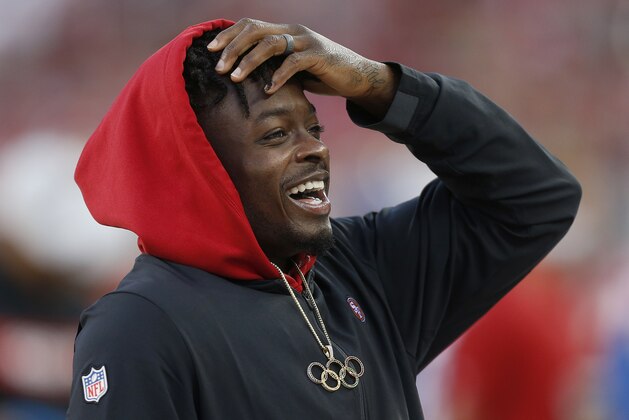 San Francisco 49ers wide receiver Marquise Goodwin watches during an NFL preseason football game against the Los Angeles Chargers in Santa Clara, Calif., Thursday, Aug. 30, 2018. (AP Photo/Josie Lepe)