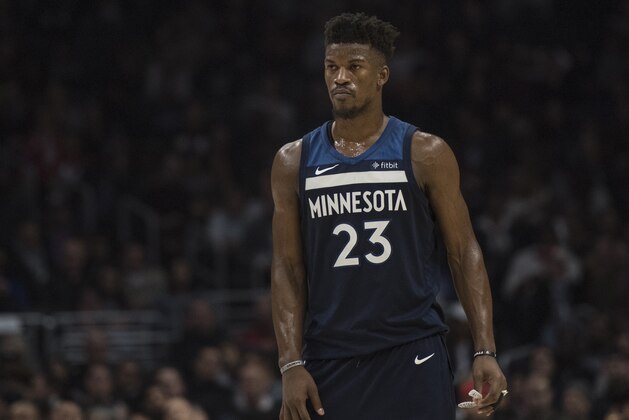 Minnesota Timberwolves guard Jimmy Butler during the second half of an NBA basketball game Wednesday, Dec. 6, 2017, in Los Angeles. (AP Photo/Kyusung Gong)