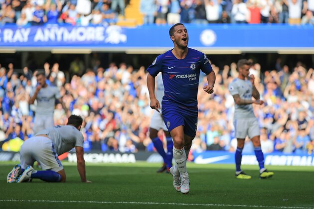 LONDON, ENGLAND - SEPTEMBER 15: Eden Hazard of Chelsea celebrates scoring the equalising goal during the Premier League match between Chelsea FC and Cardiff City at Stamford Bridge on September 15, 2018 in London, United Kingdom. (Photo by Marc Atkins/Getty Images)