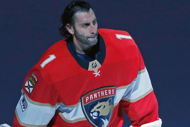 FILE - In this April 2, 2018, file photo, Florida Panthers goaltender Roberto Luongo skates back onto the ice for an encore after the Panthers' 3-2 win over the Carolina Hurricanes in an NHL hockey game, in Sunrise, Fla. Luongo has made his money, knows he's headed to the Hockey Hall of Fame one day, ranks among the sport's all-time leaders in virtually every goaltending category. Yet at 39, he's still chasing the thing he wants most _ the Stanley Cup. (AP Photo/Joe Skipper, File)