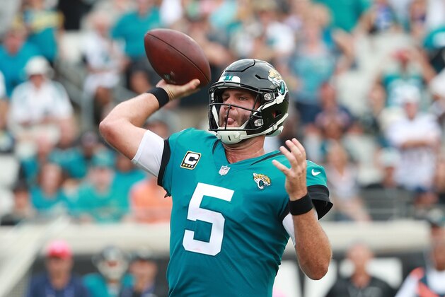 JACKSONVILLE, FL - SEPTEMBER 16:  Blake Bortles #5 of the Jacksonville Jaguars throws a pass in the second half of their game against the New England Patriots at TIAA Bank Field on September 16, 2018 in Jacksonville, Florida.  (Photo by Scott Halleran/Getty Images)