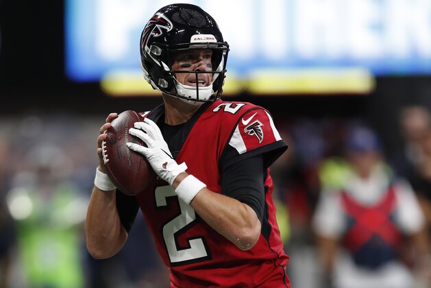 Atlanta Falcons quarterback Matt Ryan (2) looks to throw a pass against the Carolina Panthers during an NFL football game, Sunday, Sept. 16, 2018, in Atlanta. (Jeff Haynes/AP Images for Panini)