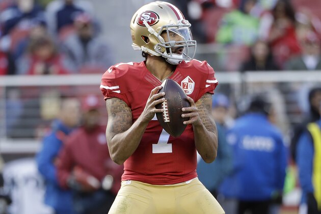 San Francisco 49ers quarterback Colin Kaepernick (7) against the Seattle Seahawks during the first half of an NFL football game in Santa Clara, Calif., Sunday, Jan. 1, 2017. (AP Photo/Marcio Jose Sanchez)