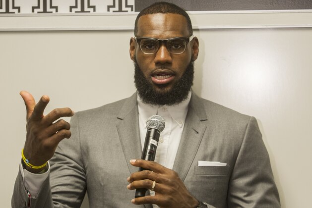 LeBron James speaks at a news conference after the opening ceremony for the I Promise School in Akron, Ohio, Monday, July 30, 2018. The I Promise School is supported by the The LeBron James Family Foundation and is run by the Akron Public Schools. (AP Photo/Phil Long)