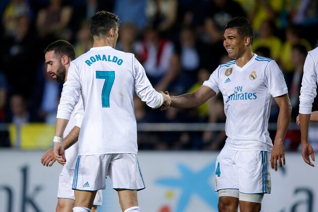 CASTELLON, SPAIN - MAY 19: Cristiano Ronaldo of Real Madrid celebrates 0-2 with Casemiro of Real Madrid  during the La Liga Santander  match between Villarreal v Real Madrid at the Estadio de la Ceramica on May 19, 2018 in Castellon Spain (Photo by Jeroen Meuwsen/Soccrates/Getty Images)