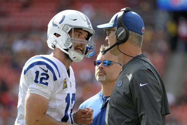 FILE - In this Sept. 16, 2018, file photo, Indianapolis Colts quarterback Andrew Luck, left, speaks with coach Frank Reich, right, during the second half of the team's NFL football game against the Washington Redskins in Landover, Md. The Colts play the Philadelphia Eagles this week. Reich was Philadelphia's offensive coordinator the previous two seasons. (AP Photo/Mark Tenally, File)