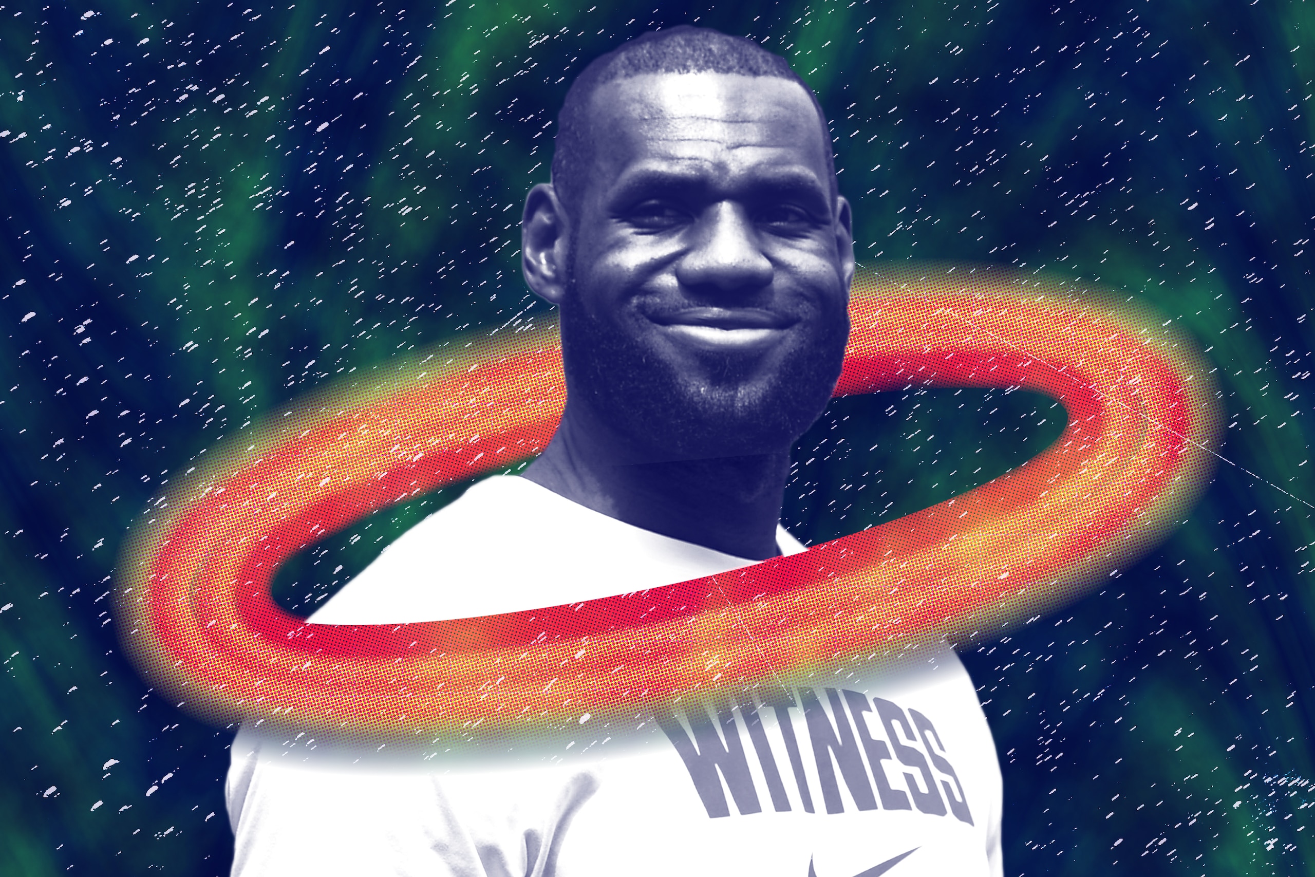 Cleveland Cavaliers basketball player LeBron James talks to reporters as he arrives  for the special screening of his film,