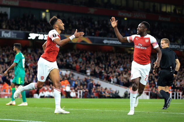 LONDON, ENGLAND - SEPTEMBER 20:  Pierre-Emerick Aubameyang of Arsenal celebrates scoring the opening goal with c during the UEFA Europa League Group E match between Arsenal and Vorskla Poltava at Emirates Stadium on September 20, 2018 in London, United Kingdom. (Photo by Marc Atkins/Getty Images)