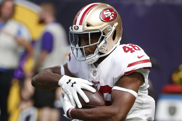 San Francisco 49ers running back Alfred Morris runs up field during the second half of an NFL football game against the Minnesota Vikings, Sunday, Sept. 9, 2018, in Minneapolis. (AP Photo/Bruce Kluckhohn)