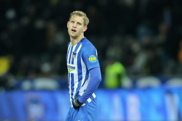BERLIN, GERMANY - JANUARY 19: Arne Maier of Hertha looks on during the Bundesliga match between Hertha BSC and Borussia Dortmund at Olympiastadion on January 19, 2018 in Berlin, Germany. (Photo by TF-Images/TF-Images via Getty Images)