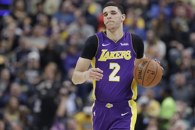 Los Angeles Lakers' Lonzo Ball in action during the first half of an NBA basketball game against the Indiana Pacers, Monday, March 19, 2018, in Indianapolis. (AP Photo/Darron Cummings)
