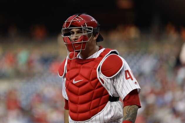 Philadelphia Phillies' Wilson Ramos in action during a baseball game against the Boston Red Sox, Wednesday, Aug. 15, 2018, in Philadelphia. (AP Photo/Matt Slocum)