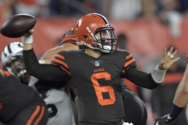 Cleveland Browns quarterback Baker Mayfield throws a pass against the New York Jets during the first half of an NFL football game Thursday, Sept. 20, 2018, in Cleveland. (AP Photo/David Richard)