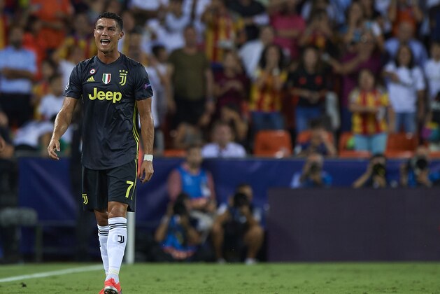 VALENCIA, SPAIN - SEPTEMBER 19:  Cristiano Ronaldo of Juventus reacts after get a red card during the Group H match of the UEFA Champions League between Valencia and Juventus at Estadio Mestalla on September 19, 2018 in Valencia, Spain.  (Photo by Quality Sport Images/Getty Images)