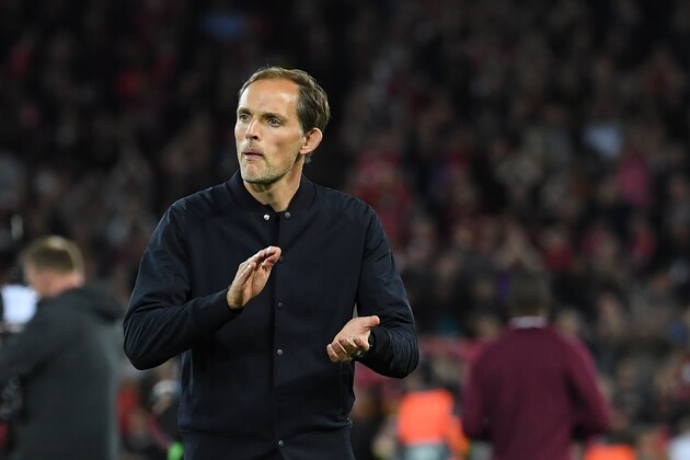 Paris Saint-Germain's German coach Thomas Tuchel reacts at the final whistle during the UEFA Champions League group C football match between Liverpool and Paris Saint-Germain at Anfield in Liverpool, north west England on September 18, 2018. (Photo by Paul ELLIS / AFP)        (Photo credit should read PAUL ELLIS/AFP/Getty Images)