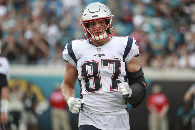 JACKSONVILLE, FL - SEPTEMBER 16: Rob Gronkowski #87 of the New England Patriots is seen during the second half against the Jacksonville Jaguars at TIAA Bank Field on September 16, 2018 in Jacksonville, Florida.  (Photo by Scott Halleran/Getty Images)