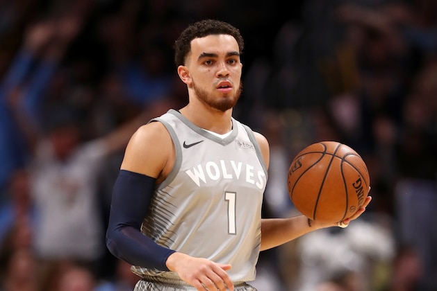 DENVER, CO - APRIL 05:  Tyus Jones #1 of the Minnesota Timberwolves brings the ball down the court against the Denver Nuggets at the Pepsi Center on April 5, 2018 in Denver, Colorado. NOTE TO USER: User expressly acknowledges and agrees that, by downloading and or using this photograph, User is consenting to the terms and conditions of the Getty Images License Agreement.  (Photo by Matthew Stockman/Getty Images)