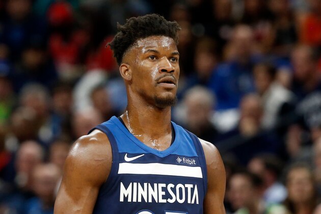 Minnesota Timberwolves' Jimmy Butler plays against the Houston Rockets in the first half during Game 3 of an NBA basketball first round playoff series Saturday, April 21, 2018, in Minneapolis. (AP Photo/Jim Mone)