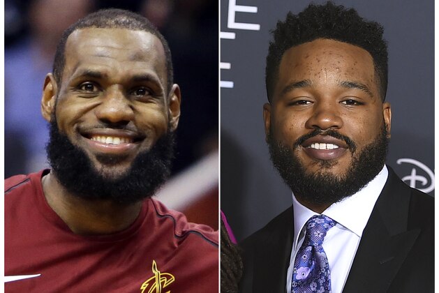 This combination photo shows Cleveland Cavaliers forward LeBron James during an NBA basketball game against the Phoenix Suns in Phoenix on March 13, 2018, left, and filmmaker Ryan Coogler at the world premiere of