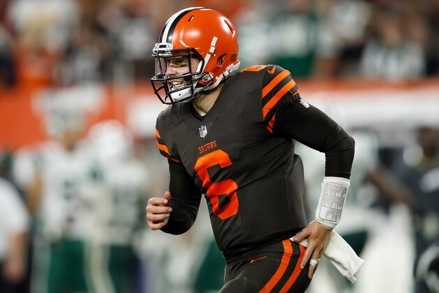 CLEVELAND, OH - SEPTEMBER 20:  Baker Mayfield #6 of the Cleveland Browns celebrates after catching a two-point conversion attempt during the third quarter against the New York Jets at FirstEnergy Stadium on September 20, 2018 in Cleveland, Ohio. (Photo by Joe Robbins/Getty Images)