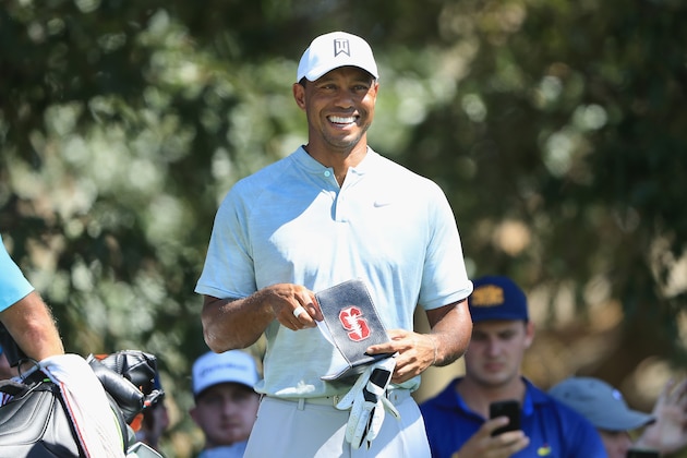 ATLANTA, GA - SEPTEMBER 21:  Tiger Woods of the United States reacts on the third tee during the second round of the TOUR Championship at East Lake Golf Club on September 21, 2018 in Atlanta, Georgia.  (Photo by Sam Greenwood/Getty Images)