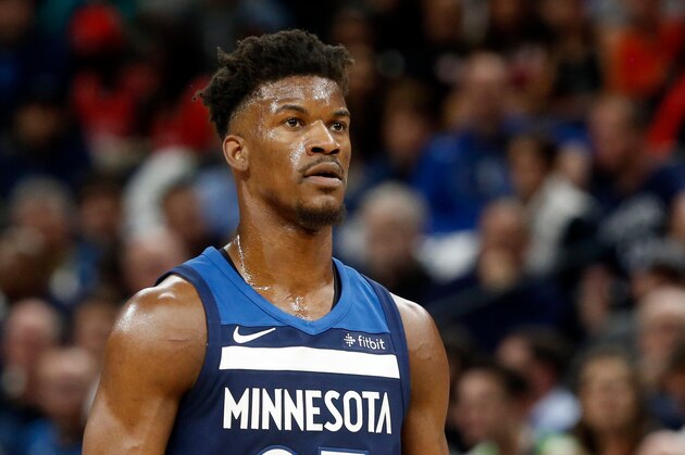 Minnesota Timberwolves' Jimmy Butler plays against the Houston Rockets in the first half during Game 3 of an NBA basketball first round playoff series Saturday, April 21, 2018, in Minneapolis. (AP Photo/Jim Mone)
