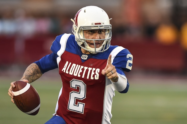 MONTREAL, QC - AUGUST 03:  Quarterback Johnny Manziel #2 of the Montreal Alouettes runs with the ball against the Hamilton Tiger-Cats during the CFL game at Percival Molson Stadium on August 3, 2018 in Montreal, Quebec, Canada.  The Hamilton Tiger-Cats defeated the Montreal Alouettes 50-11.  (Photo by Minas Panagiotakis/Getty Images)