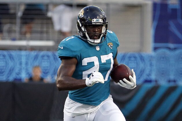 Jacksonville Jaguars running back Leonard Fournette runs against the Atlanta Falcons during the first half of an NFL preseason football game, Saturday, Aug. 25, 2018, in Jacksonville, Fla. (AP Photo/Stephen B. Morton)