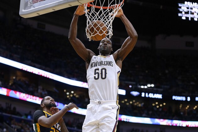NEW ORLEANS, LA - MARCH 11:  Emeka Okafor #50 of the New Orleans Pelicans dunks the ball during the second half against the Utah Jazz at the Smoothie King Center on March 11, 2018 in New Orleans, Louisiana. NOTE TO USER: User expressly acknowledges and agrees that, by downloading and or using this Photograph, user is consenting to the terms and conditions of the Getty Images License Agreement.  (Photo by Jonathan Bachman/Getty Images)