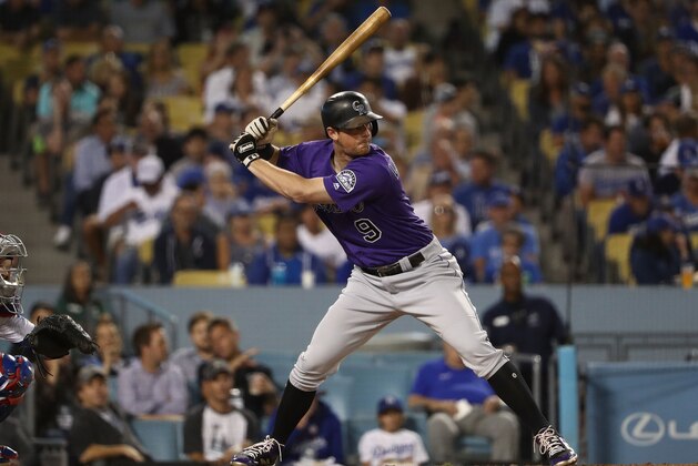 LOS ANGELES, CA - SEPTEMBER 17:  DJ LeMahieu #9 of the Colorado Rockies bats during the third inning of the MLB game against the Los Angeles Dodgers at Dodger Stadium on September 17, 2018 in Los Angeles, California. The Dodgers defeated the Rockies 8-2.  (Photo by Victor Decolongon/Getty Images)